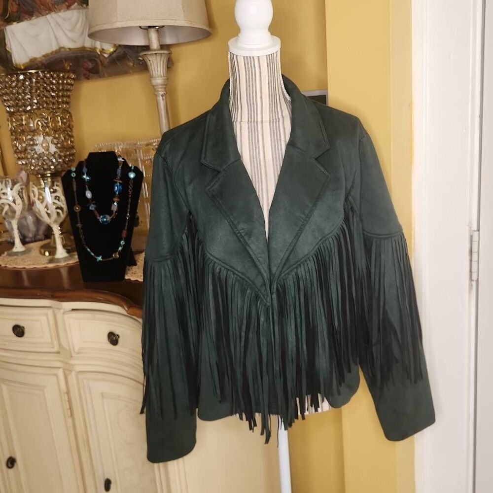 Shein curve hunter green western fringe jacket women's size 2x EUC